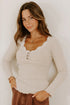 Lace Trim Button Henley Lettuce Edge Ribbed Top
